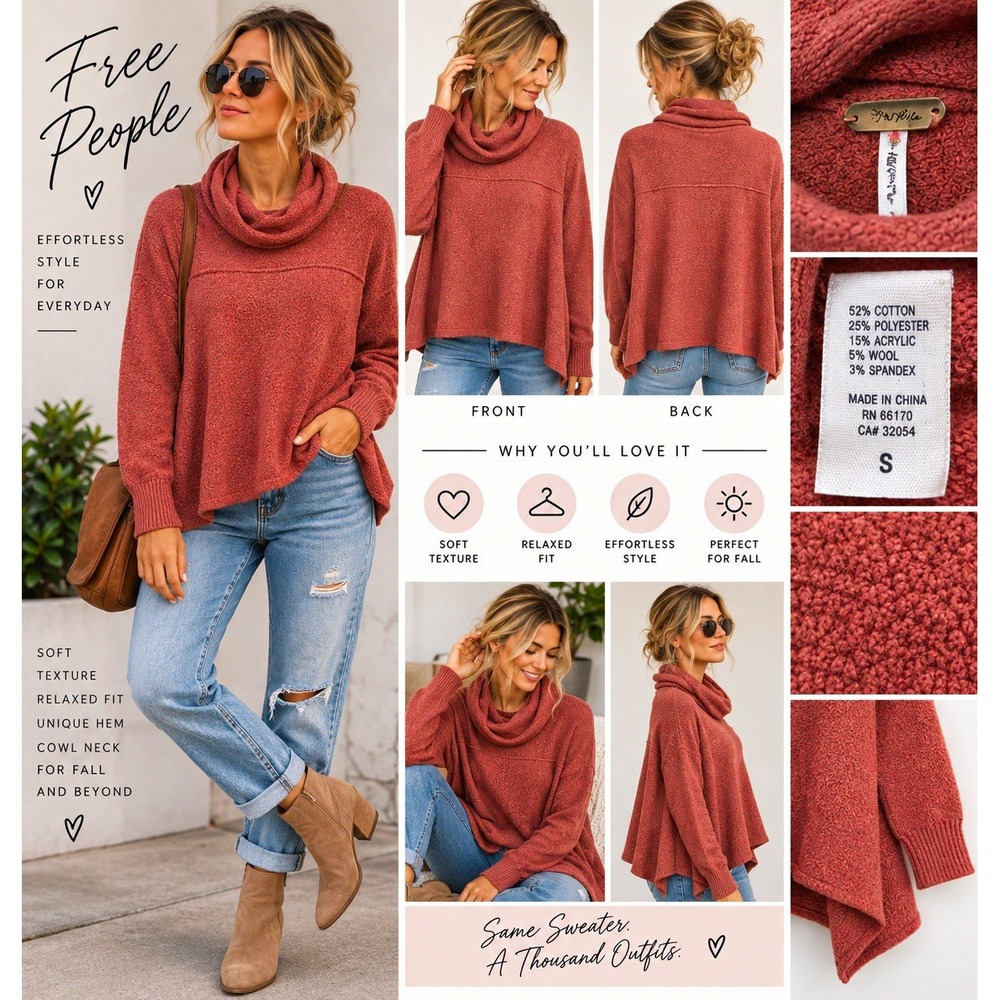 Free People Sweater Womens S Oversized Cowl Neck Tunic Boho Lagenlook Rust